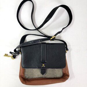 Fossil Women's Purse Black Brown Leather Shoulder Strap key Zip Main Compartment